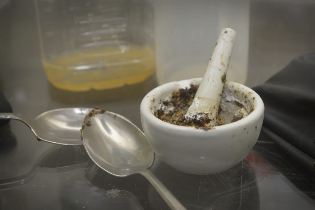 Castor bean puree is arranged to simulate a ricin making work station.