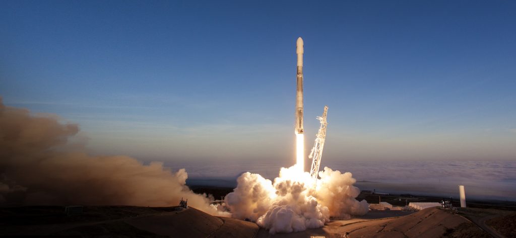 SpaceX Falcon 9 launch vehicle during liftoff.