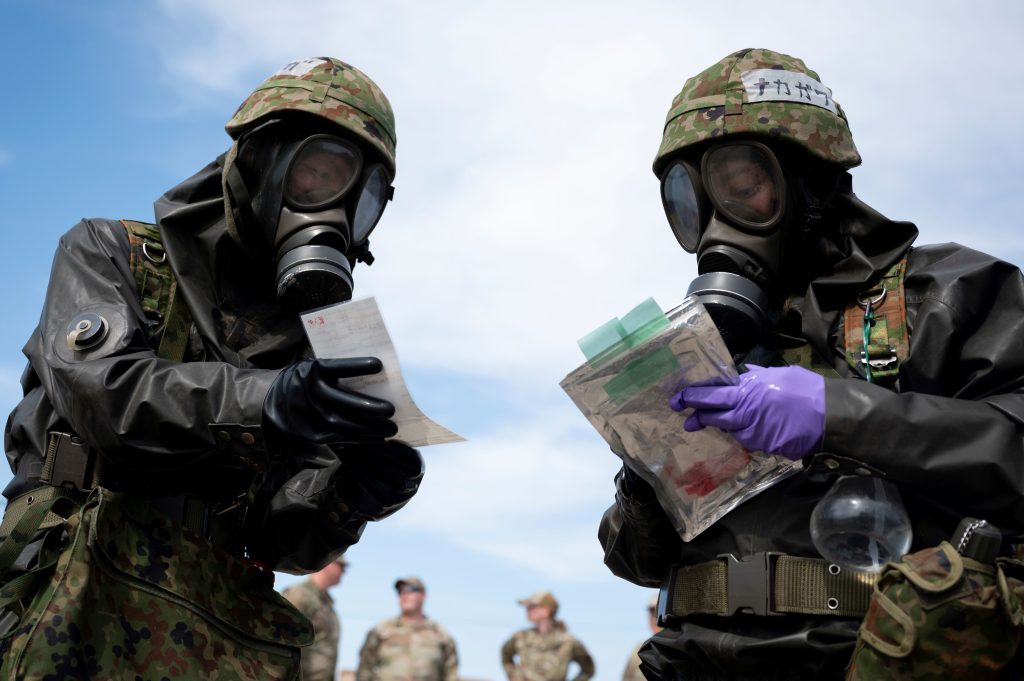 JSDF personnel during a CBRN defence training class