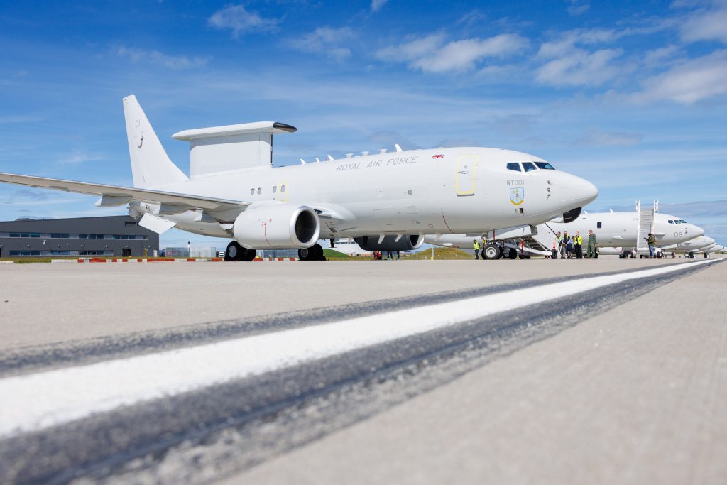 The RAF’s first Boeing Wedgetail AEW1, sharing a sunny Lossiemouth flightline with some of the base’s P-8A Poseidons. (Crown Copyright)