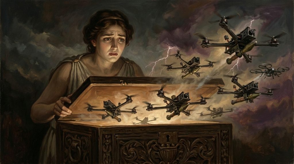 Pandora's box opens; AI-enabled drones emerge. Counter-AI remains as hope.