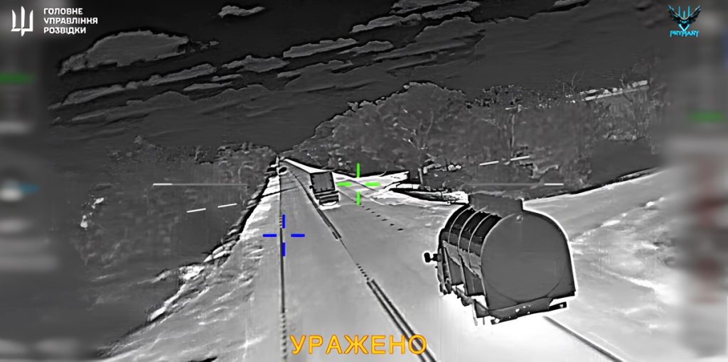 A videograb from a Ukrainian Main Directorate of Intelligence video showing the last moments of a Russian supply truck heading for Crimea. (GUR)