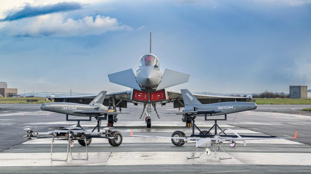 A Typhoon pictured with two QinetiQ Banshee drones, a Malloy T-150 and a StormShroud. The RAF’s Typhoon force looks set to be the ‘Pathfinder’ for UK ACP capabilities. (BAE Systems)