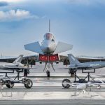 A Typhoon pictured with two QinetiQ Banshee drones, a Malloy T-150 and a StormShroud. The RAF’s Typhoon force looks set to be the ‘Pathfinder’ for UK ACP capabilities. (BAE Systems)
