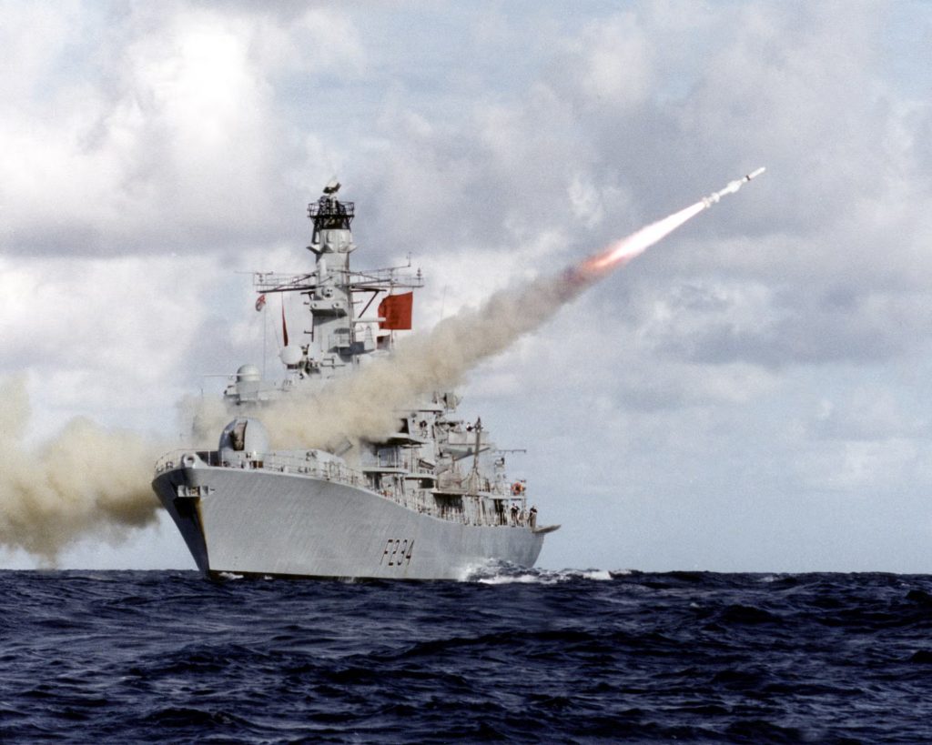 HMS Iron Duke firing a Harpoon missile. There were plans to fit the Naval Strike Missile to 11 Type 23 frigates, but only three received the new weapon. (Royal Navy)