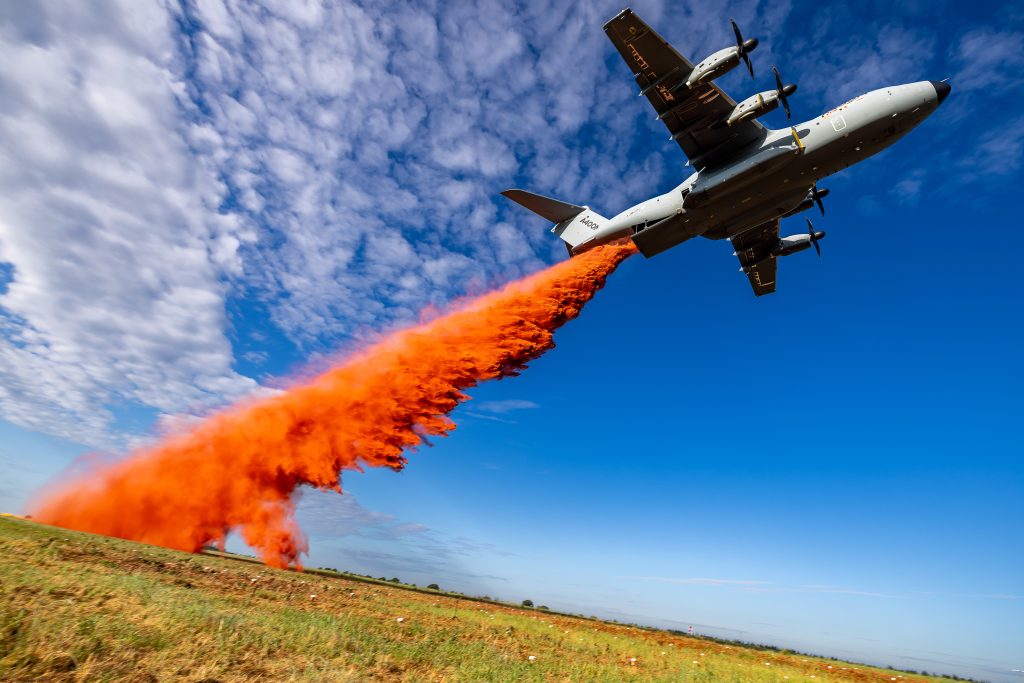 An Airbus A400M performs a drop of retardant during testing at Nimes in 2025. (Airbus Defence and Space)