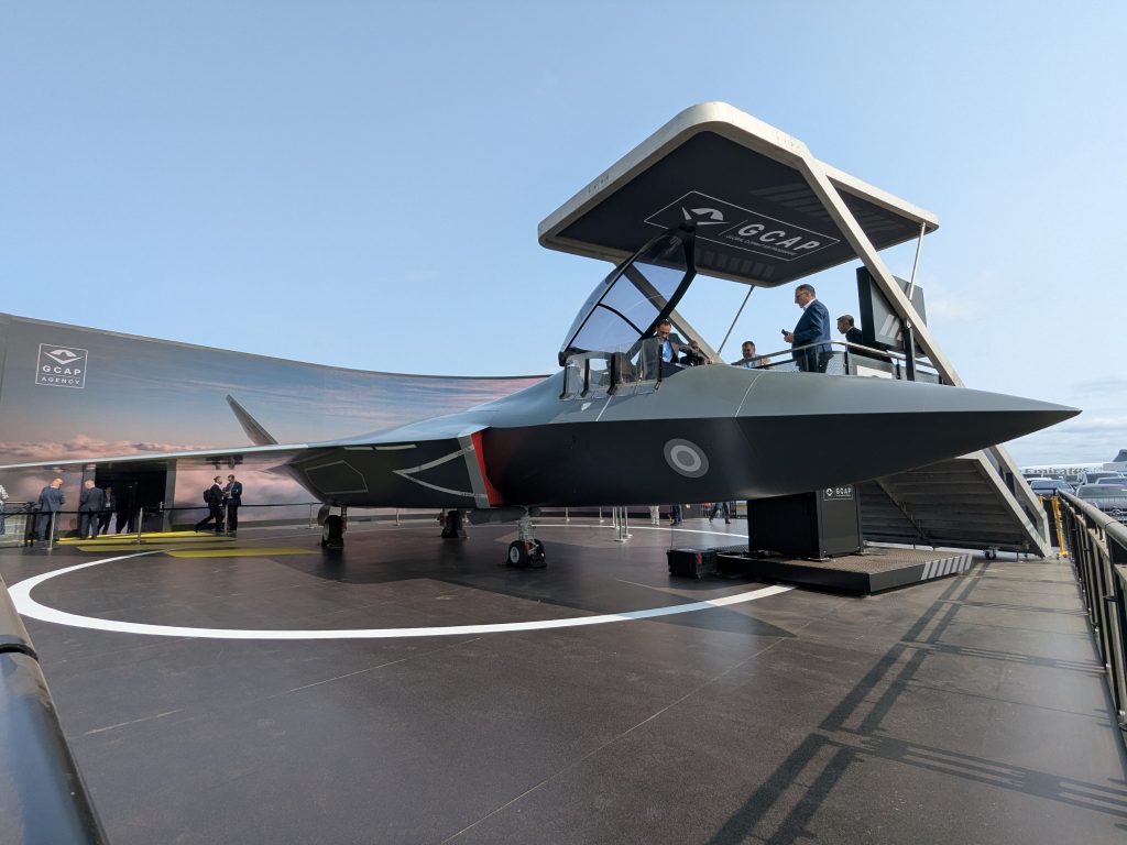 Making its Farnborough debut was what purported to be a full-size exhibition model of the GCAP manned combat aircraft platform. Reportedly based on the frame of a previous Tempest airshow mock-up, the model was rather less representative of current GCAP concepts than the 1:1 scale model shown at Farnborough two years ago. (P Felstead)