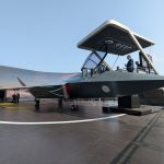 Making its Farnborough debut was what purported to be a full-size exhibition model of the GCAP manned combat aircraft platform. Reportedly based on the frame of a previous Tempest airshow mock-up, the model was rather less representative of current GCAP concepts than the 1:1 scale model shown at Farnborough two years ago. (P Felstead)