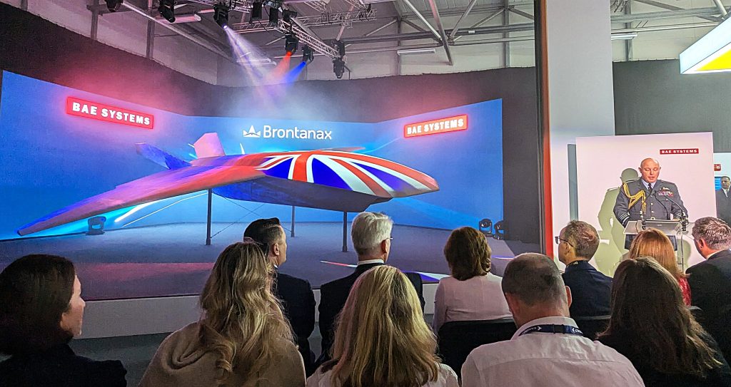 Air Chief Marshal Sir Harv Smyth, UK Chief of the Air Staff, delivers his speech at FIA2026 on 22 July on the unveiling of a model of the Brontanax CCA prototype. (P Felstead)