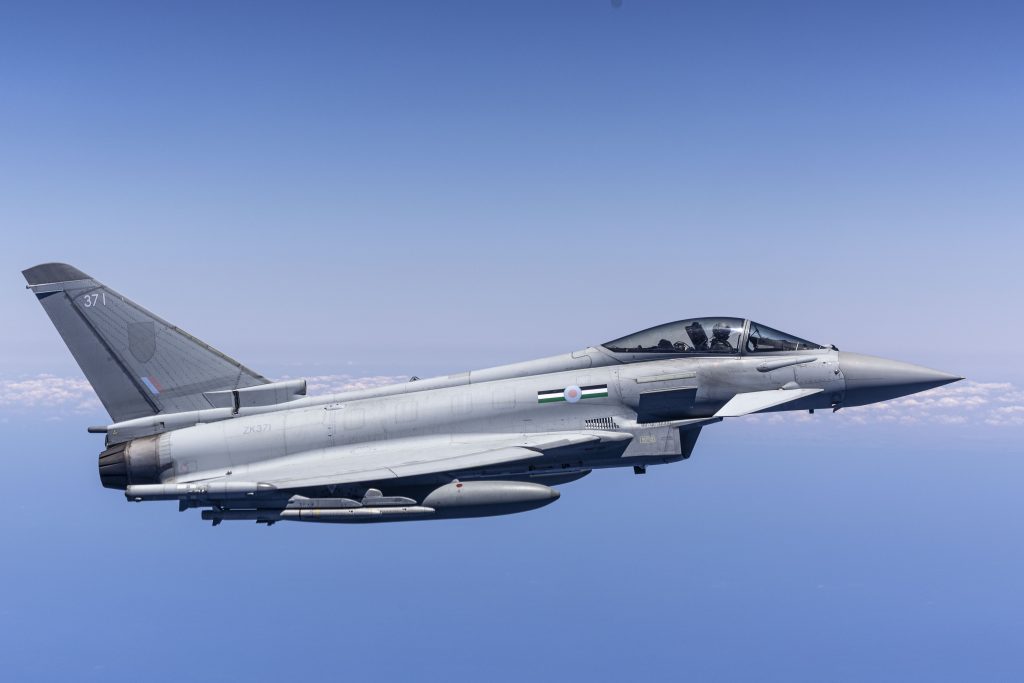 An RAF Typhoon operating over the Bab al-Mandab Strait in June 2026. The Typhoon will remain central to UK combat air capabilities well into the 2040s. (Crown Copyright)