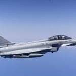 An RAF Typhoon operating over the Bab al-Mandab Strait in June 2026. The Typhoon will remain central to UK combat air capabilities well into the 2040s. (Crown Copyright)