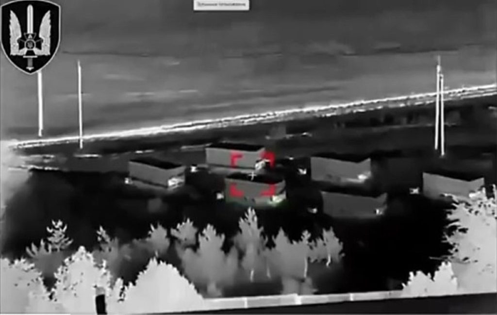 A still from a video released by the Ukrainian secret service showing six trailers associated with the Russian Volna Kupol Garant jamming system being targeted. Russia is using the system to try and negate Ukraine’s communication advantage through the use of Starlink satellites. (Ukrainian SBU)